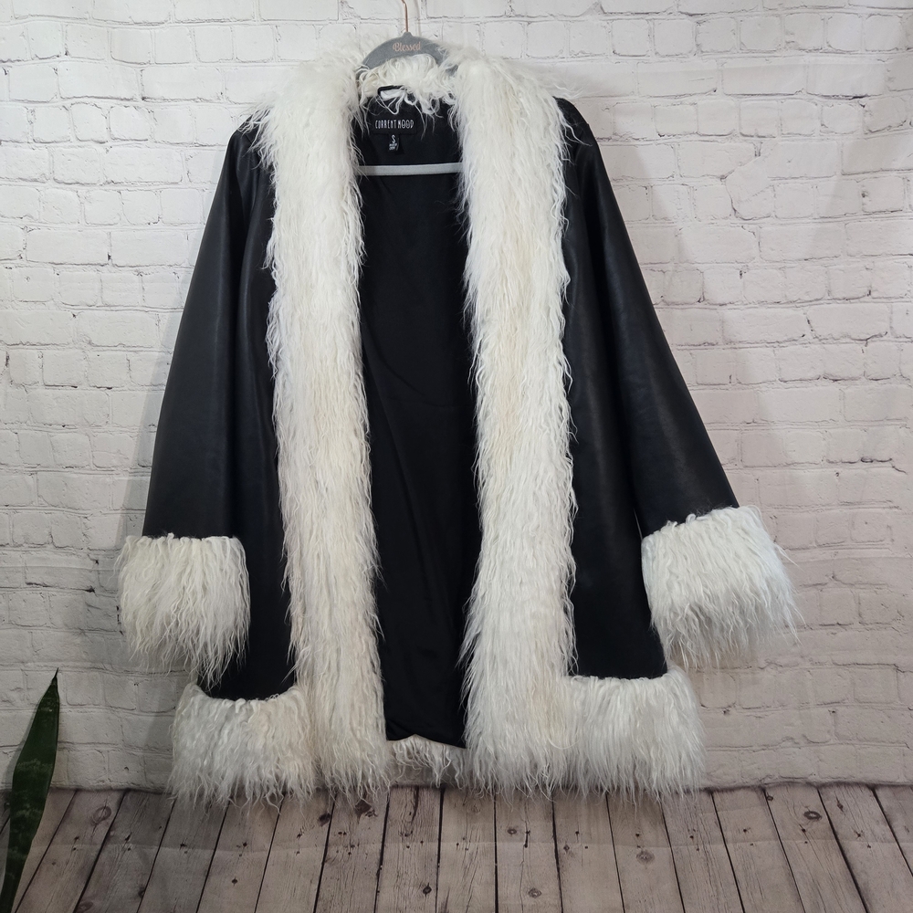Vtg Y2k Faux Leather Afghan Coat Fur Trim Sz Sm Black Penny Lane MobWife Baddie